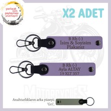 Motor Tutkunlarına, Isim Plaka ve B- Kan Grubu Yazılı Özel Üretim X2' Li Anahtarlık, Armağan, Mor-Gr