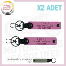 Motorcuya Isim Plaka ve B Rh (-) Kan Grubu Yazılı Kişiselleştirilmiş Deri X2 Anahtarlık, Pembe-Gr