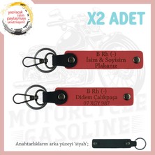 Motor Severlere Hediye Isim Plaka ve B Rh (-) Kan Grubu Yazılı X2 Anahtarlık Deri, Nar Çiçeği-Syh