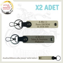 Motor Severlere Özel, Isim Plaka ve A Rh (-) Kan Grubu Yazılı X2 Anahtarlık Set, Kül Gri-S Kahve-Sk