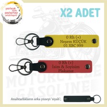 Bikerlar Için Isim Plaka ve 0 Rh (+) Kan Grubu Yazılı Hediye Deri X2 Anahtarlık, Nar Çiçeği-Sarı-Syh