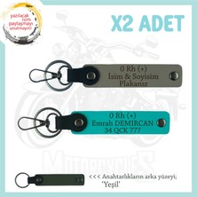 Motor Tutkunlarına Isim Plaka, 0 + Kan Grubu Yazılı Özel Üretim X2 Anahtarlık, Kül Gri-K Turkuaz-Ysl