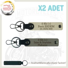 Motor Severlere Özel, Isim Plaka ve 0 Rh (+) Kan Grubu Yazılı X2 Anahtarlık, Kül Gri-S Kahve-Laci