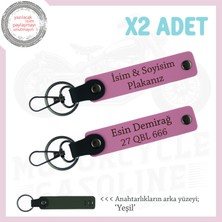 Motor Tutkunlarına Isim ve Plaka Yazılı Özel Üretim X2 Deri Anahtarlık, Hediyelik, Pembe-Yeşil
