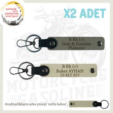 Motor Severlere Özel, Isim Plaka ve B Rh (+) Kan Grubu Yazılı X2 Anahtarlık Set, Kül Gri-S Kahve-Sk