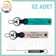 Klasik Motorculara, Isim Plaka ve B Rh (-) Kan Grubu, Kişiye Özel X2 Anahtarlık, Pudra-K Turkuaz-Gr