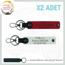 Motosiklet Severlere, Isim Plaka ve 0 Rh (+) Kan Grubu Yazılı 2' Li Anahtarlık, Kırmızı-Beyaz-Laci