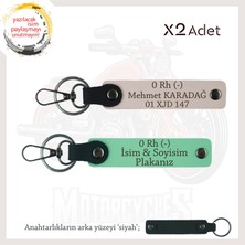 Motorcu Tarzına Özel, Isim Plaka ve 0 Rh (-) Kan Grubu, Hediyelik X2 Anahtarlık Set, Yeşil-Pudra-Syh