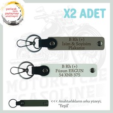 Biker Stiline Özel, Isim Plaka ve B Rh (+) Kan Grubu Yazılı 2'li Anahtarlık Takım, Kül Gri-Beyaz-Ysl