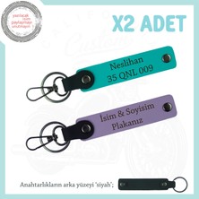 Plaka ve Isim Yazılı, Kişiye Özel 2’li Deri Anahtarlık, Motor Severlere Hediye, Mor-K Turkuaz-Syh