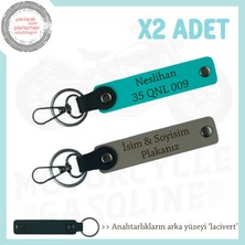 Motor Stiline Uygun, Kişiye Özel Deri 2’li Anahtarlık, Plaka ve Isim Yazılı, Kül Gri-K Turkuaz-Laci