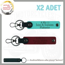 Motor Tutkunlarına Özel, Isim Plaka ve A Rh (-) Kan Grubu Yazılı 2'li Anahtarlık, Turkuaz-Bordo-Laci