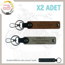 Motor Severlere Hediyelik Isim Plaka ve B Rh (+) Kan Grubu Yazılı 2'li Anahtarlık, Kül Gri-Kahve-Syh