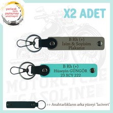 Biker Tarzına, Isim Plaka ve B Rh (+) Kan Grubu Yazılı 2'li Hediye Anahtarlık, Kül Gri-Turkuaz-Laci