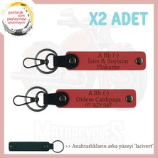 Motor Severlere Özel, Isim Plaka ve A Rh (-) Kan Grubu Yazılı Deri X2 Anahtarlık, Nar Çiçeği-Laci
