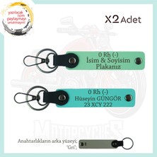 Motor Severlere Özel, Isim Plaka ve 0 Rh (-) Kan Grubu Yazılı X2 Anahtarlık Takım, Yeşil-Turkuaz-Gr