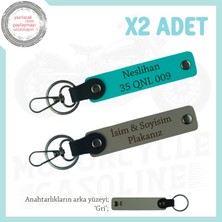 Motor Sevdalılarına Kişiye Özel Isim ve Plaka Yazılı 2’li Deri Anahtarlık Hediye, Gri-K Turkuaz-Gr