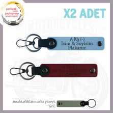 Motor Severlere Özel, Isim Plaka ve A - Kan Grubu Yazılı Kişiye Özel 2'li Anahtarlık, Mavi-Bordo-Gr