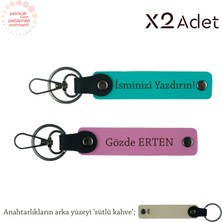 Anneye Doğum Günü Armağanı, Isimli 2’li Anahtarlık Hediye Takımı, Koyu Turkuaz-Pembe-Sütlü Kahve