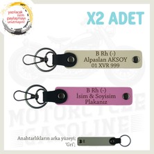 Motorcu Dostlara Özel, Isim Plaka ve B Rh (-) Kan Grubu Yazılı Deri X2 Anahtarlık, Pembe-S Kahve-Gr