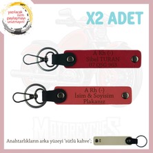 Motorcu Yolculara, Isim Plaka ve A Rh (-) Kan Grubu Yazılı Deri X2 Anahtarlık, Nar Çiçeği-Kırmızı-Sk