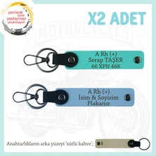 Motosiklet Severlere, Isim Plaka ve A + Kan Grubu Yazılı Özel Tasarım X2 Anahtarlık, Mavi-Turkuaz-Sk