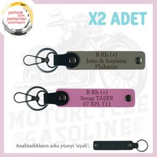 Motorcu Yolculara Özel, Isim Plaka ve B Rh (+) Kan Grubu Yazılı X2 Anahtarlık, Kül Gri-Pembe-Syh