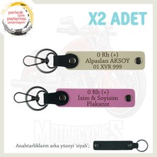 Motorcu Dostlara Özel, Isim Plaka ve 0 Rh (+) Kan Grubu Yazılı Deri X2 Anahtarlık, Pembe-S Kahve-Syh