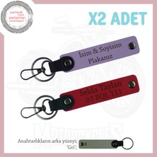 Sevgili Motorculara Hediye, Isim ve Plaka Yazılı Deri 2’li Anahtarlık Takımı, Mor Menekşe-Kırmızı-Gr