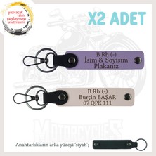 Biker Tarzına Özel, Isim Plaka ve B Rh (-) Kan Grubu Yazılı Hediye X2 Anahtarlık Set, Mor-Pudra-Syh