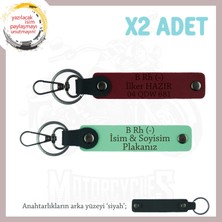 Motorcu Dostlara Özel, Isim Plaka ve B Rh (-) Kan Grubu Yazılı X2 Anahtarlık Set, Yeşil-Bordo-Syh