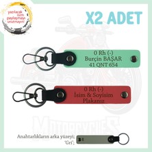 Özel Hediye, Isim Plaka ve 0 Rh (-) Kan Grubu Yazılı Kişisel Deri X2 Anahtarlık, Nar Çiçeği-Yeşil-Gr