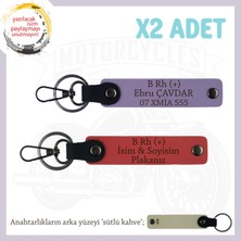 Motosiklet Hediyesi, Isim Plaka ve B Rh (+) Kan Grubu Yazılı Deri X2 Anahtarlık, Nar Çiçeği-Mor-Sk