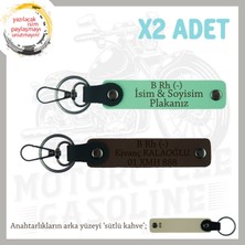 Motor Tutkunlarına Özel, Isim Plaka ve B Rh (-) Kan Grubu Yazılı X2 Anahtarlık, Yeşil-K Kahve-Sk