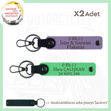 Bikerlar Için Özel Hediye, Isim Plaka ve 0 Rh (-) Kan Grubu Yazılı X2 Anahtarlık, Mor-F Yeşil-Laci