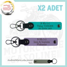 Motosiklet Severlere, Isim Plaka ve B Rh (+) Kan Grubu, Acil Durum X2 Anahtarlığı, Mor-K Turkuaz-Gr