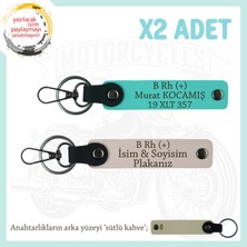 Motorcu Yolculara Özel, Isim Plaka ve B Rh (+) Kan Grubu Yazılı Deri X2 Anahtarlık, Pudra-Turkuaz-Sk