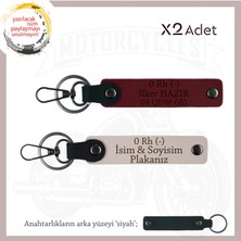 Biker Stiline Özel, Isim Plaka ve 0 Rh (-) Kan Grubu Yazılı Motorsiklet Anahtarlığı, Pudra-Bordo-Syh