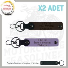 Motorcu Dostlara Isim Plaka ve B Rh (+) Kan Grubu Güvenli Sürüş X2 Anahtarlık Set, Mor-K Kahve-Syh