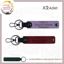 Motor Tutkunlarına Özel, Isim Plaka ve 0 Rh (-) Kan Grubu Yazılı 2'li Anahtarlık, Mor-Bordo-Laci