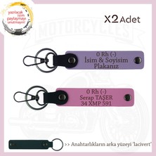Motor Severlere Özel, Isim Plaka ve 0 Rh (-) Kan Grubu Yazılı X2'li Anahtarlık Takım, Mor-Pembe-Laci