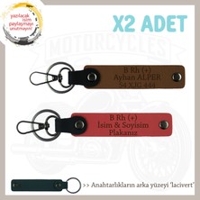 Biker Stiline Özel Isim Plaka, B Rh (+) Kan Grubu Yazılı Motor X2 Anahtarlık, Nar Çiçeği-Kahve-Laci