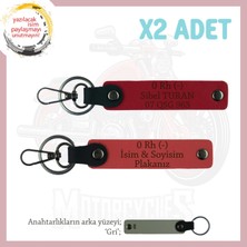 Motorcuya Özel, Isim Plaka ve 0 Rh (-) Kan Grubu Yazılı Deri 2'li Anahtarlık, Nar Çiçeği-Kırmızı-Gr