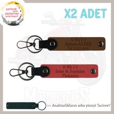 Biker Stiline Özel Isim Plaka, 0 Rh (-) Kan Grubu Yazılı Motor X2 Anahtarlık, Nar Çiçeği-Kahve-Laci