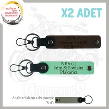 Motor Tutkunlarına Özel, Isim Plaka ve B Rh (+) Kan Grubu Yazılı X2 Anahtarlık, Yeşil-K Kahve-Gr