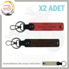 Motor Severlere Özel, Isim Plaka ve B Rh (+) Kan Grubu Yazılı X2 Anahtarlık, Nar Çiçeği-K Kahve-Sk