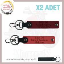 Motorsiklet Tarzına Özel Isim Plaka ve B Rh (+) Kan Grubu Yazılı X2 Anahtarlık, Nar Çiçeği-Bordo-Syh