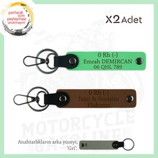 Bikerlar Için Isim Plaka 0 Rh (-) Kan Grubu Yazılı Özel Tasarım X2 Anahtarlık Set, Kahve-F Yeşil-Gr