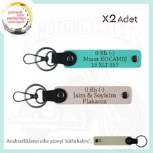 Motorcu Yolculara Özel, Isim Plaka ve 0 Rh (-) Kan Grubu Yazılı Deri X2 Anahtarlık, Pudra-Turkuaz-Sk