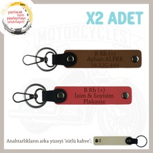 Biker Stiline Özel, Isim Plaka ve B Rh (+) Kan Grubu Yazılı Motor X2 Anahtarlık, Nar Çiçeği-Kahve-Sk